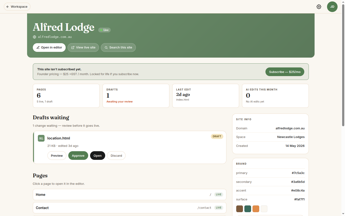 Per-site detail page — drafts, pages, editors, brand kit, danger zone